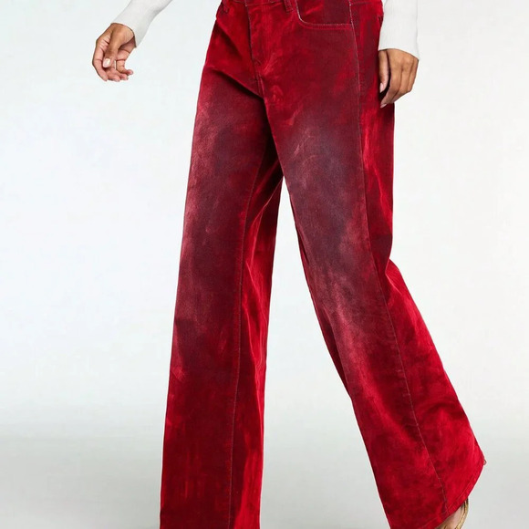 Red Casual Women's Fleeced Thick Loose High Waist Wide Leg Jeans - Picture 5 of 6